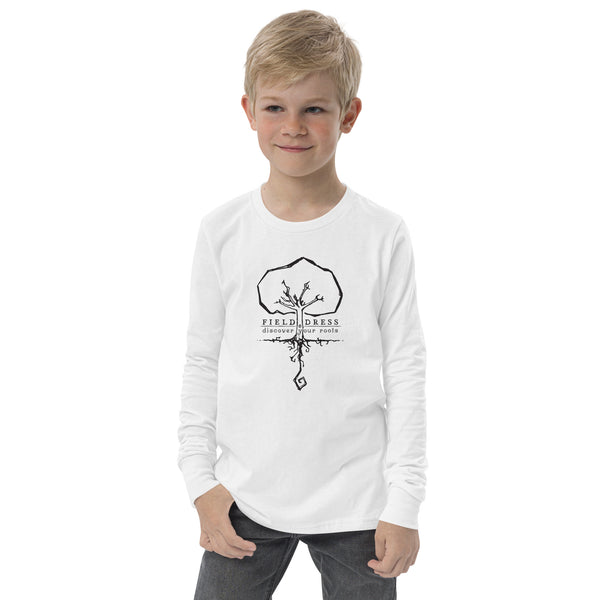 Field Dress kids long sleeve shirt with the phrase discover your roots and a large tree.