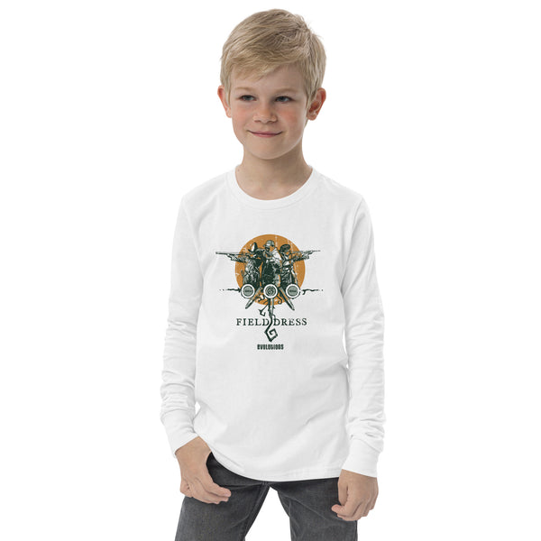 Field Dress Evolution of Firearms kids long sleeve shirt showing a sportsman from the Asian empire, a frontiersman, and the present day on the sun's horizon.