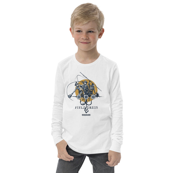 Field Dress Evolution of Fishing kids long sleeve shirt showing a fisherman from the Asian empire, a native American indian, and the present day on the sun's horizon.