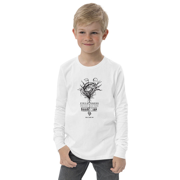 Field Dress bass fishing kids long sleeve shirt with the phrase hook-up and a large mouth bass.