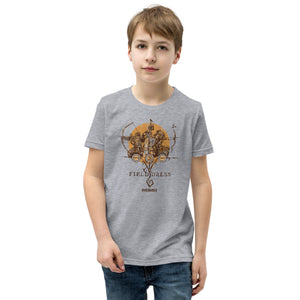 Field Dress Evolution of Archery kids t-shirt showing an archer from the Asian empire, a native American indian, and the present day on the sun's horizon.