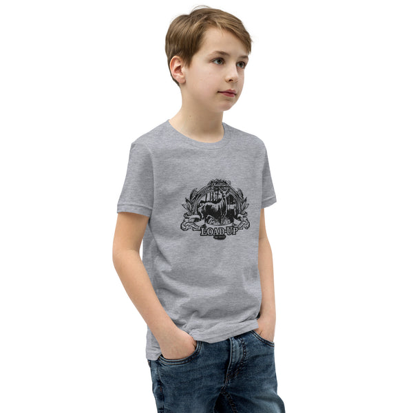Field Dress rifle hunting kids tee shows a whitetail buck and a distant hunter taking aim, the phrase "load-up", and the established date of firearms 1515AD.