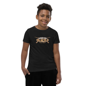 Field Dress classic firearms kids t-shirt showing a pair of flintlock rifles, the phrase "load-up", and the established date of firearms around 1515AD.