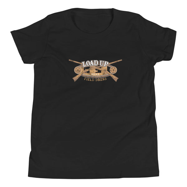Field Dress classic firearms kids t-shirt showing a pair of flintlock rifles, the phrase "load-up", and the established date of firearms around 1515AD.