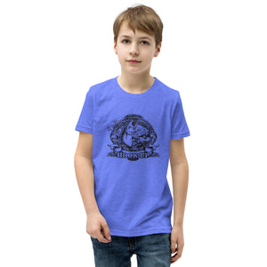Field Dress fly fishing kids t-shirt shows a trout about to take the fly from a distant fly fisherman, the phrase "hook-up", and the established date of fishing 2000BC.