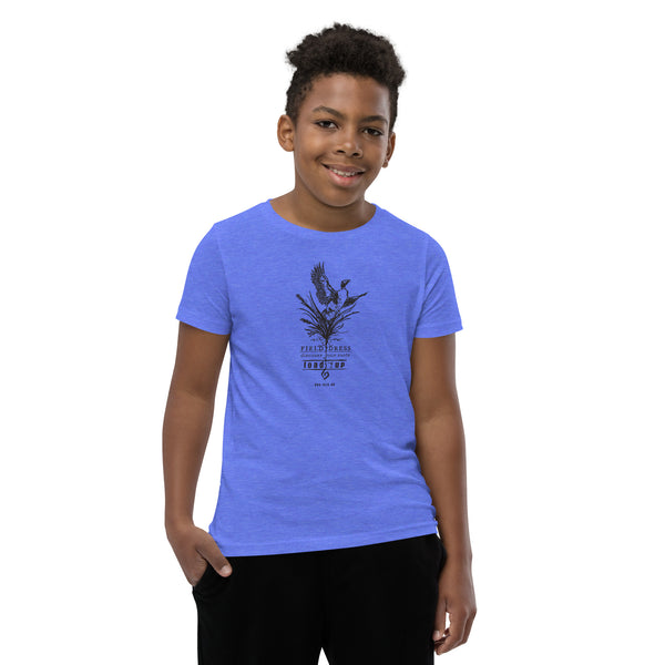 Kids Field Dress pheasant hunting t-shirt with flushing pheasant and the phrase load-up.