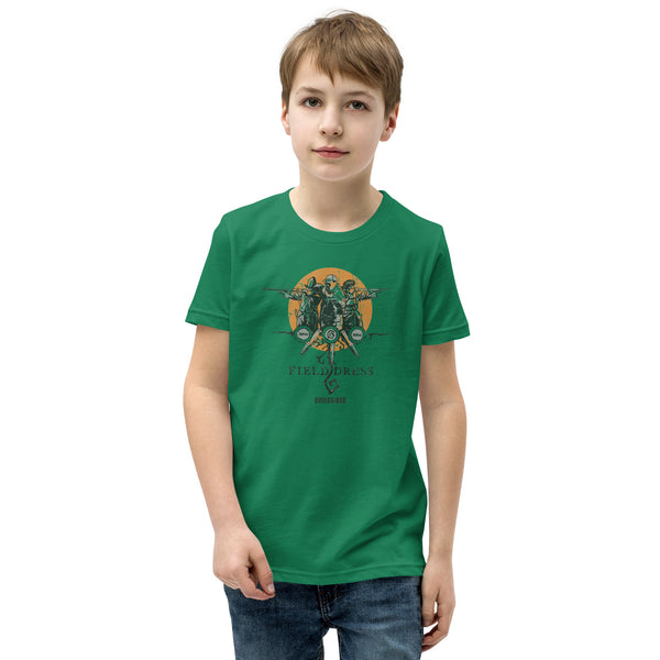 Field Dress Evolution of Firearms kids t-shirt showing a sportsman from the Asian empire, a frontiersman, and the present day on the sun's horizon.