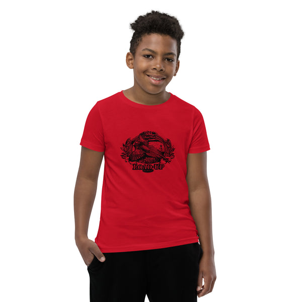 Field Dress pheasant hunting kids t-shirt shows a flushed pheasant and a distant hunter taking aim, the phrase "load-up", and the established date of firearms 1515AD.