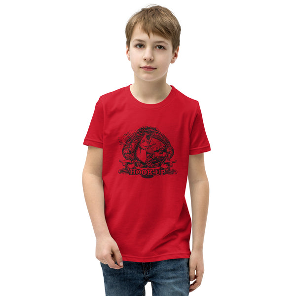 Field Dress fly fishing kids t-shirt shows a trout about to take the fly from a distant fly fisherman, the phrase "hook-up", and the established date of fishing 2000BC.