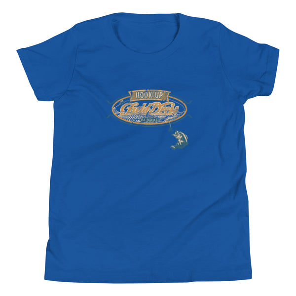 Field Dress classic kids fishing tee showing a bass about to take the hook, the phrase "hook-up", and the established date of fishing around 2000BC.