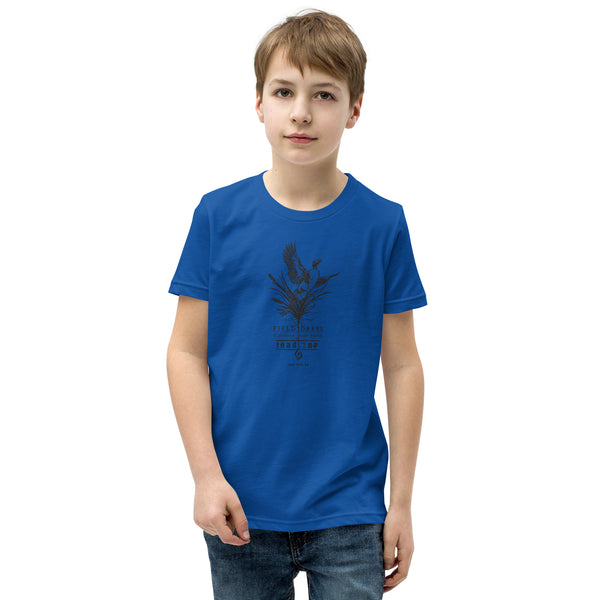 Kids Field Dress pheasant hunting t-shirt with flushing pheasant and the phrase load-up.