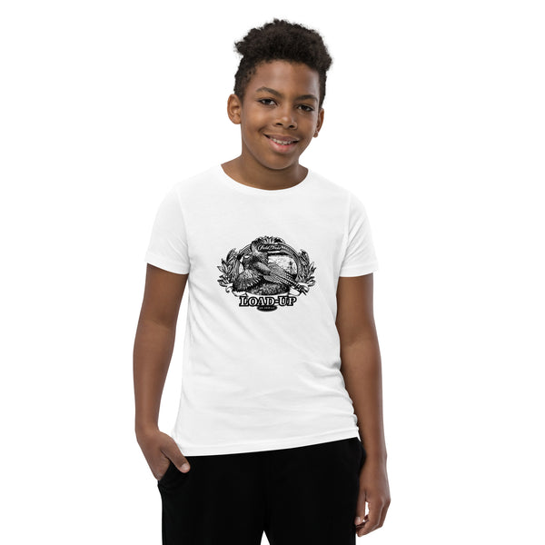 Field Dress pheasant hunting kids t-shirt shows a flushed pheasant and a distant hunter taking aim, the phrase "load-up", and the established date of firearms 1515AD.