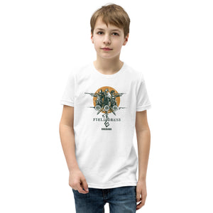 Field Dress Evolution of Firearms kids t-shirt showing a sportsman from the Asian empire, a frontiersman, and the present day on the sun's horizon.