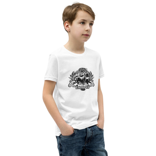 Field Dress rifle hunting kids tee shows a whitetail buck and a distant hunter taking aim, the phrase "load-up", and the established date of firearms 1515AD.