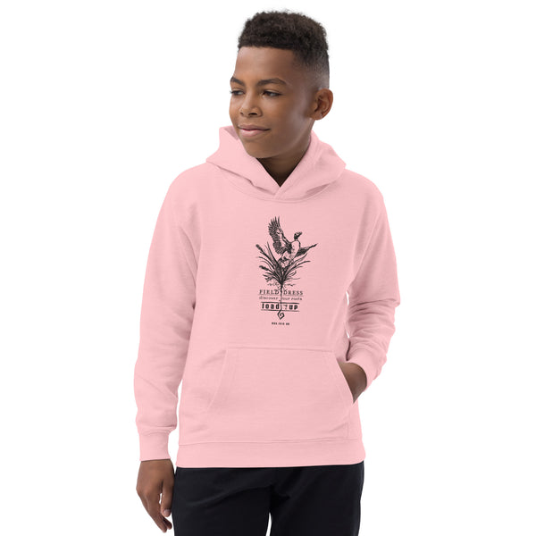 Kid's Field Dress pheasant hunting hoodie with flushing pheasant and the phrase load-up.