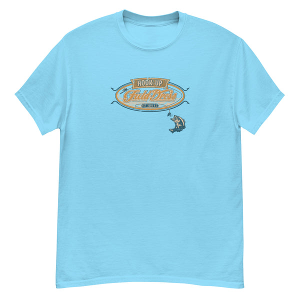 Field Dress classic fishing tee showing a bass about to take the hook, the phrase "hook-up", and the established date of fishing around 2000BC.