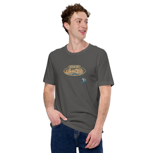 Field Dress classic fishing tee showing a bass about to take the hook, the phrase "hook-up", and the established date of fishing around 2000BC.