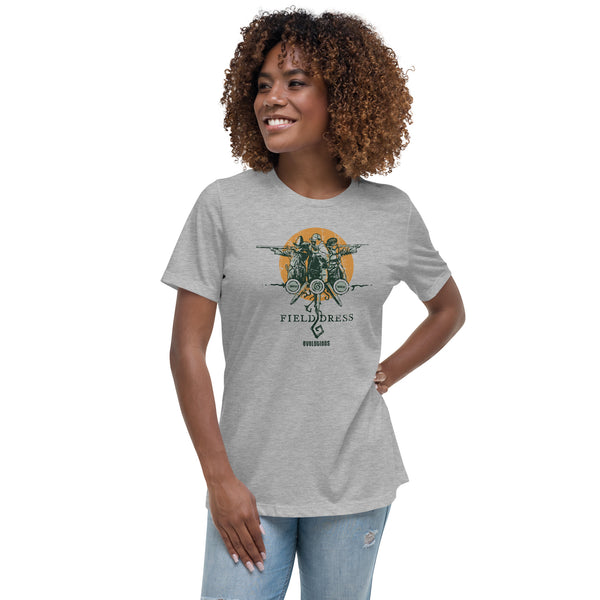 Field Dress Evolution of Firearms woman's t-shirt showing a sportsman from the Asian empire, a frontiersman, and the present day on the sun's horizon.