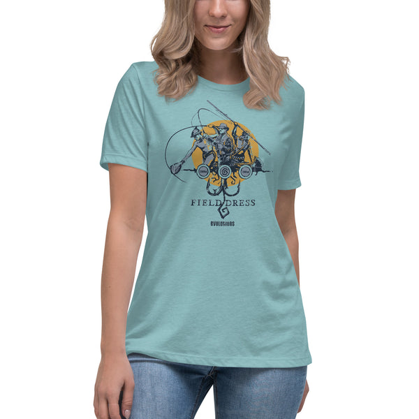 Field Dress Evolution of Fishing woman's t-shirt showing a fisherman from the Asian empire, a native American indian, and the present day on the sun's horizon.