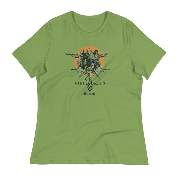 Field Dress Evolution of Firearms woman's t-shirt showing a sportsman from the Asian empire, a frontiersman, and the present day on the sun's horizon.